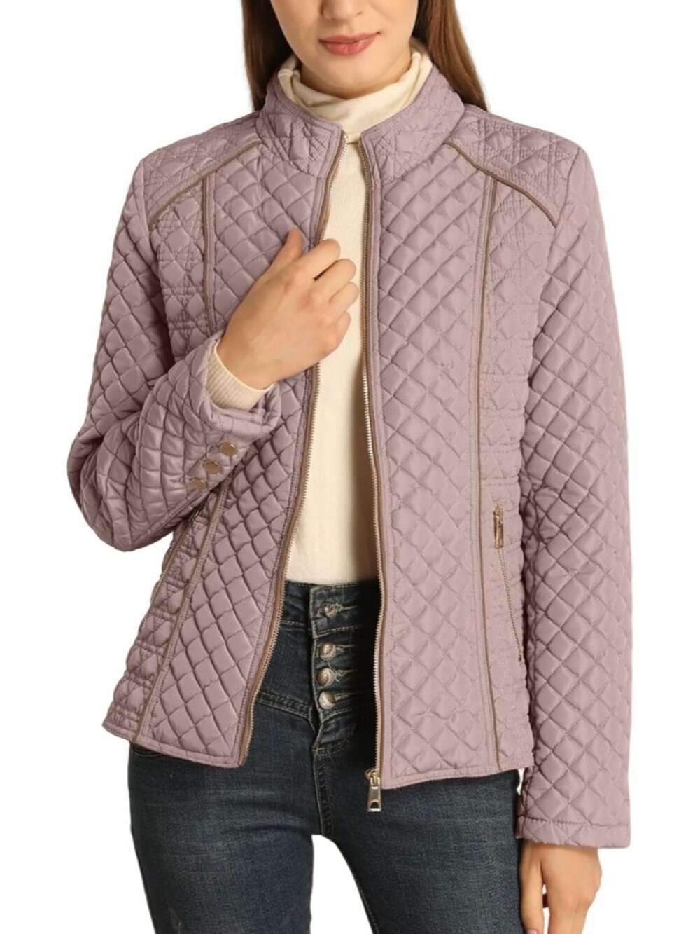 Women's Pink Fleece-Lined Front Zipper Diamond Quilted Puffer Winter Jacket